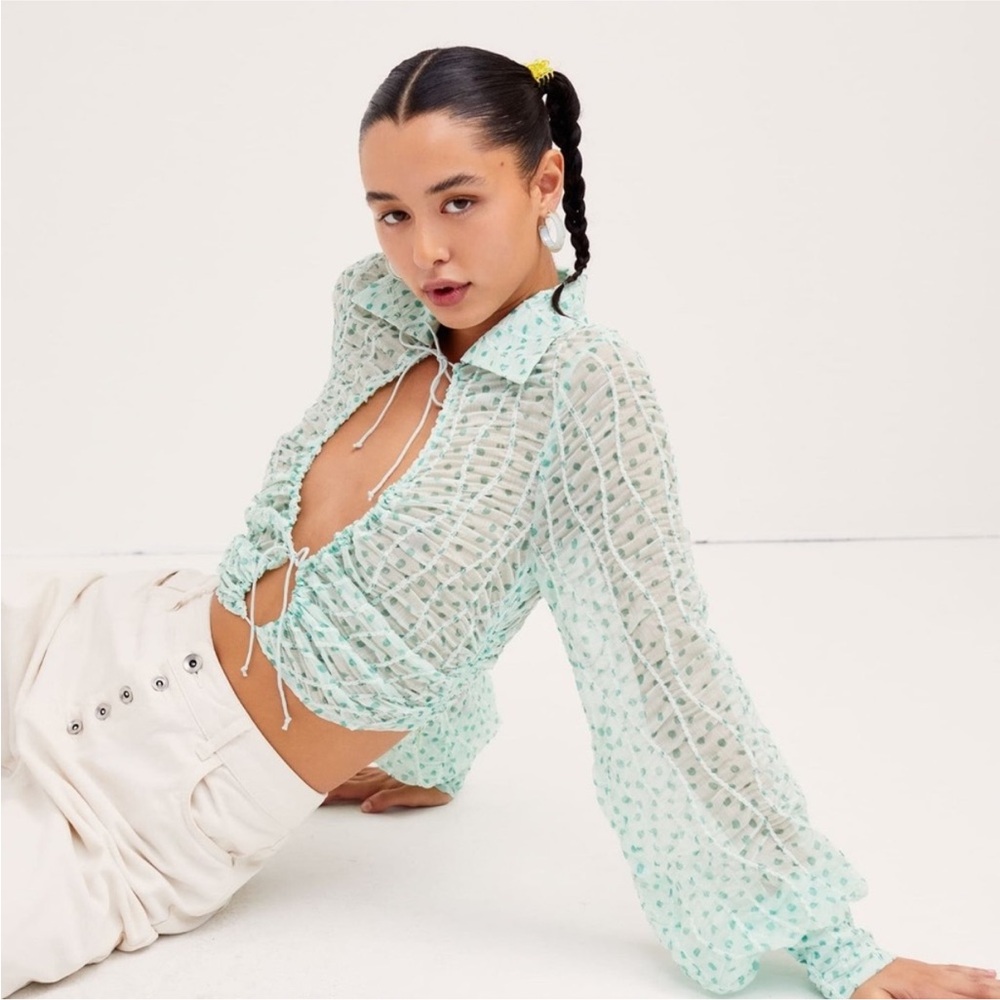 NWT For Love & Lemons Drea Top Sheer Mint Polka Dot Blouse - S